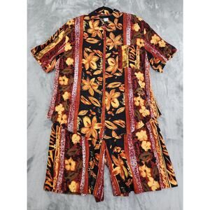 Vintage 80s‎ Lauren Alexandra Hawaiian Shirt Short Set 14/10 Black Brown Floral